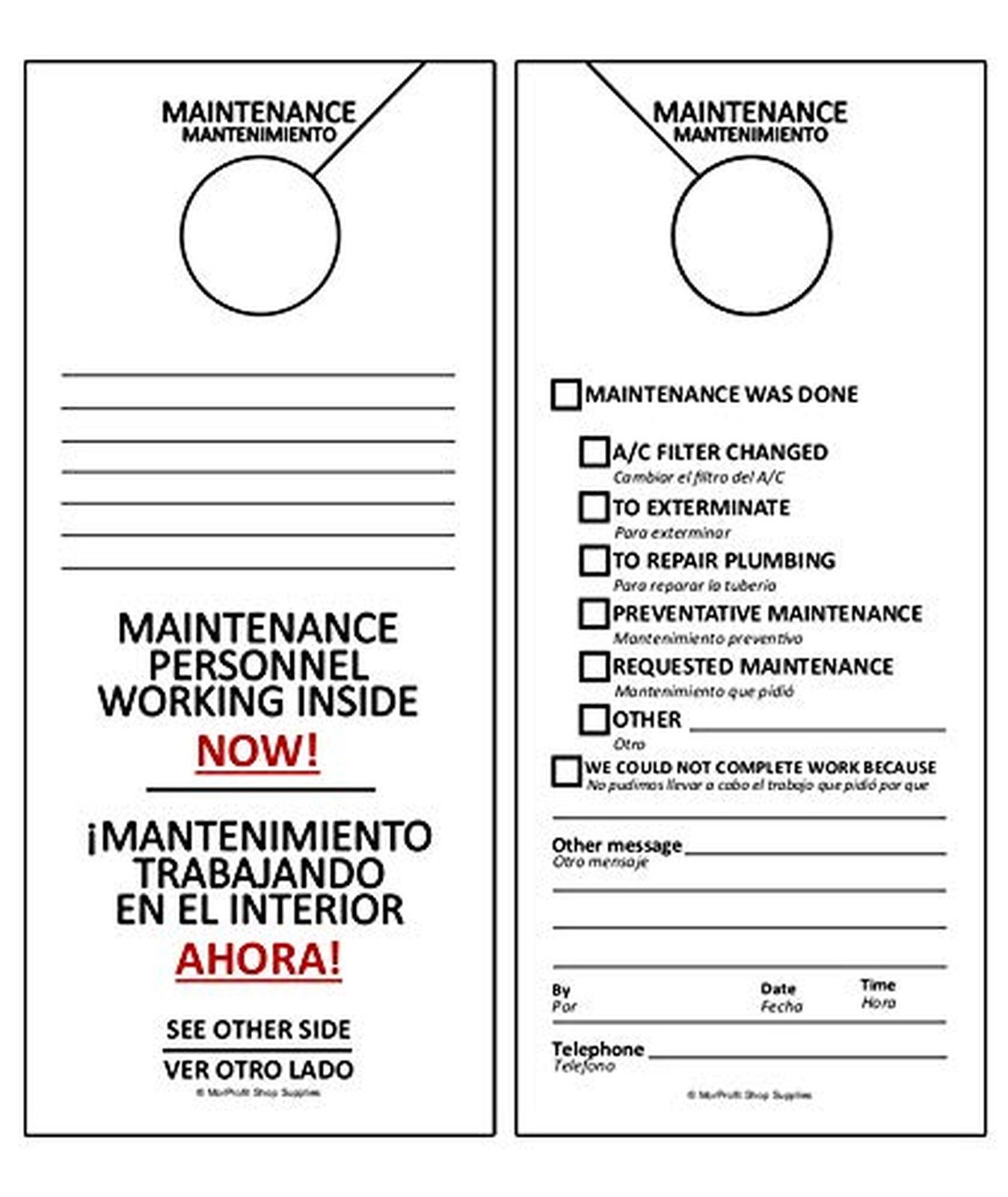 Maintenance Door Hanger Tags – Bilingual English and Spanish for Property Man…