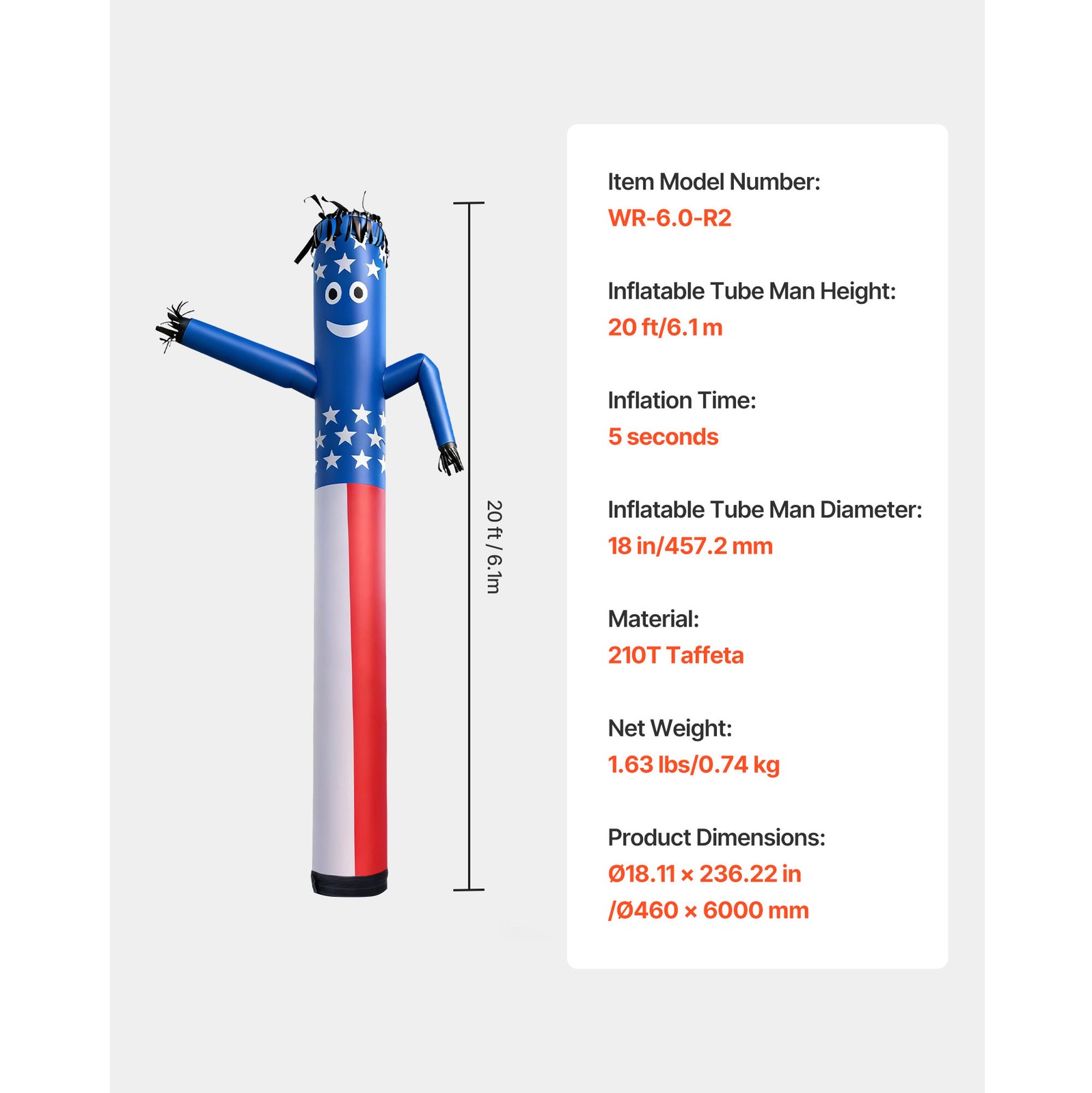 Uimoso 20-Foot Inflatable Dancing Tube Man with 18-Inch Diameter, No Blower