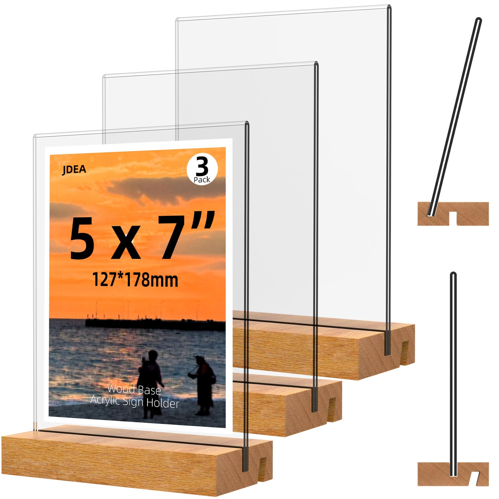 JDEA 5×7 Inch Acrylic Sign Holder with Wood Base Vertical 3 Pack 5*7&Prime;, clear