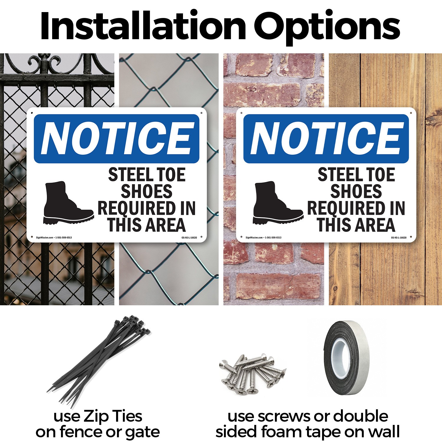 Steel Toe Shoes Required Area OSHA Notice Sign Metal Plastic, Decal 5 or 10 Pack
