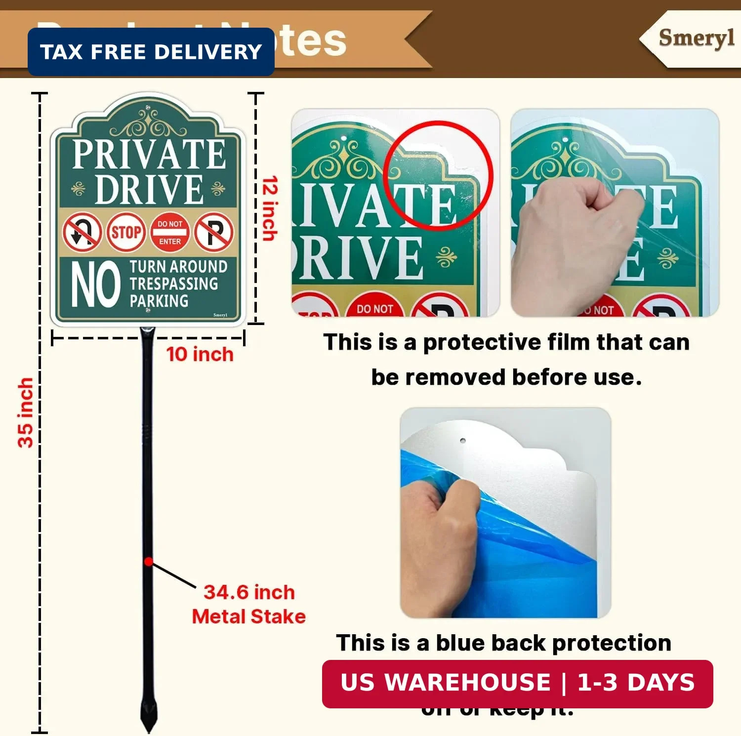 Private Drive No Turn Around Sign with 34.6&Prime; Stake for Yard, 12&Prime; x 10&Prime; Private D