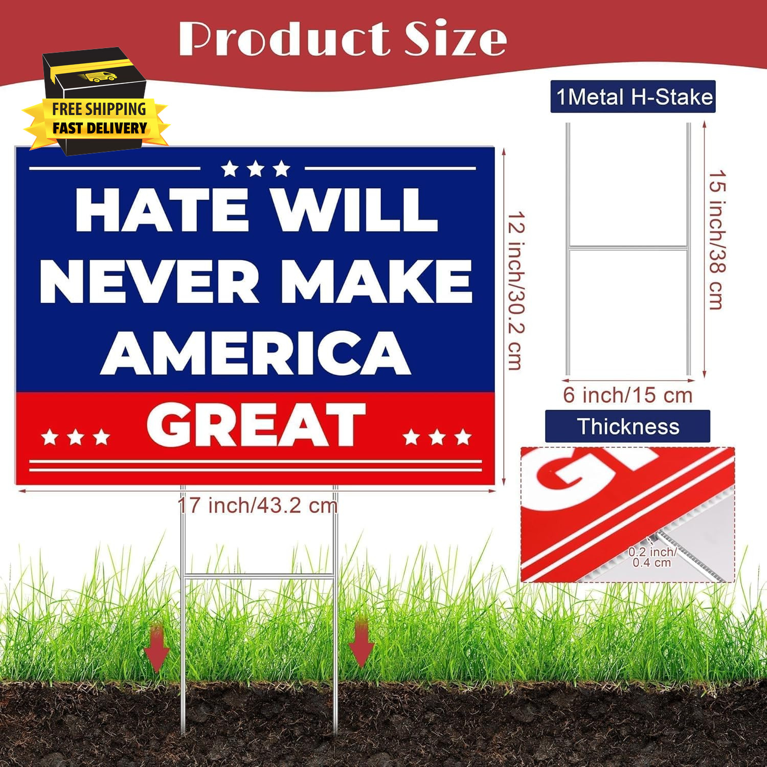 Anti Trump MAGA Yard Sign 17 X 12 Inch Hate Will Never Make America Great Sign w