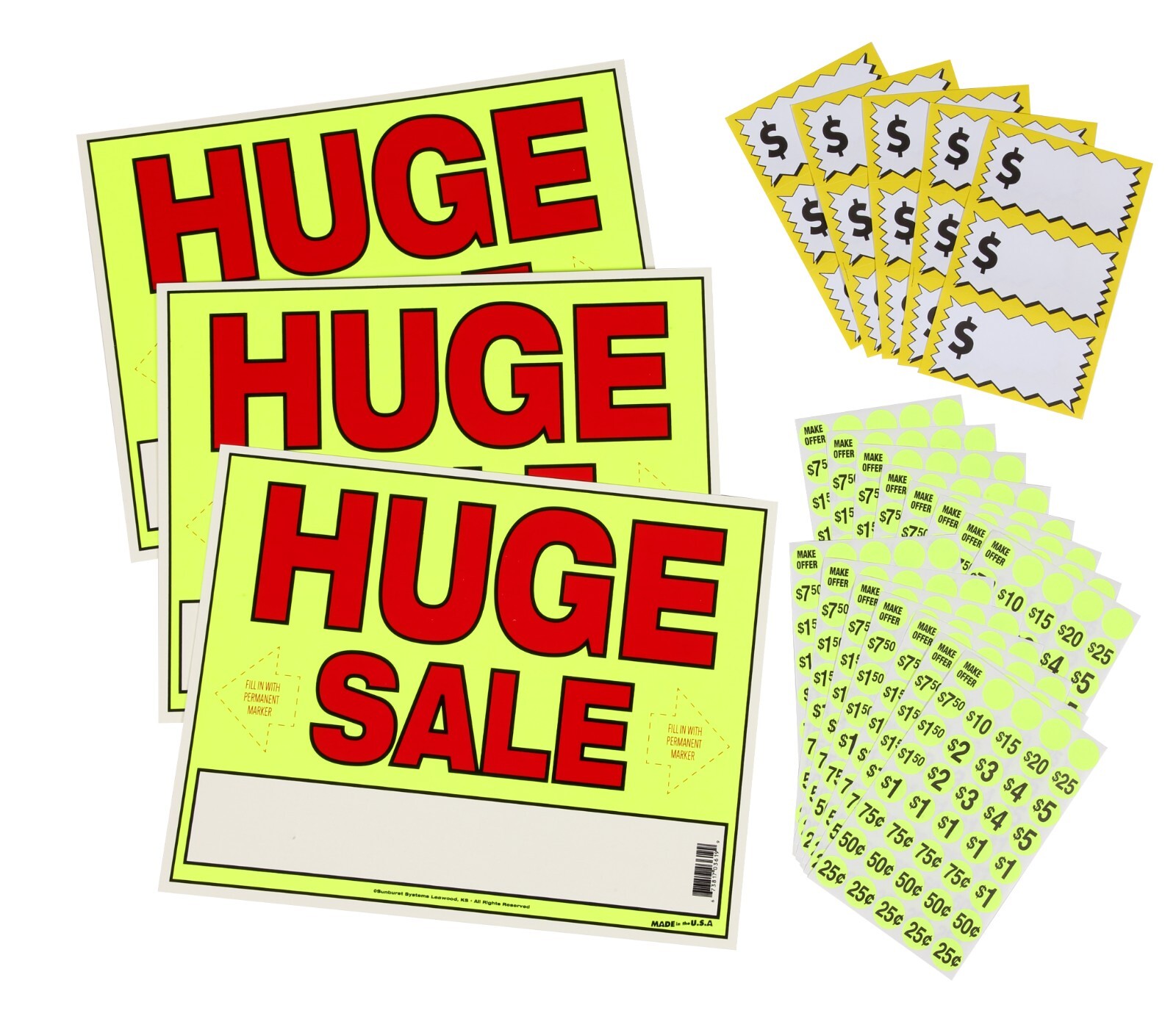 Huge Sale Kit: 3 YARD SIGNS, 600 pre-PRICED STICKERS, 15 LARGE. PRICE LABELS 