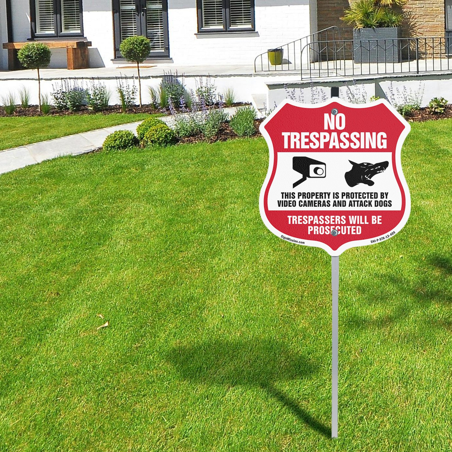 No Trespassing Shield Sign This Property Is Protected By Shield Sign With Stake