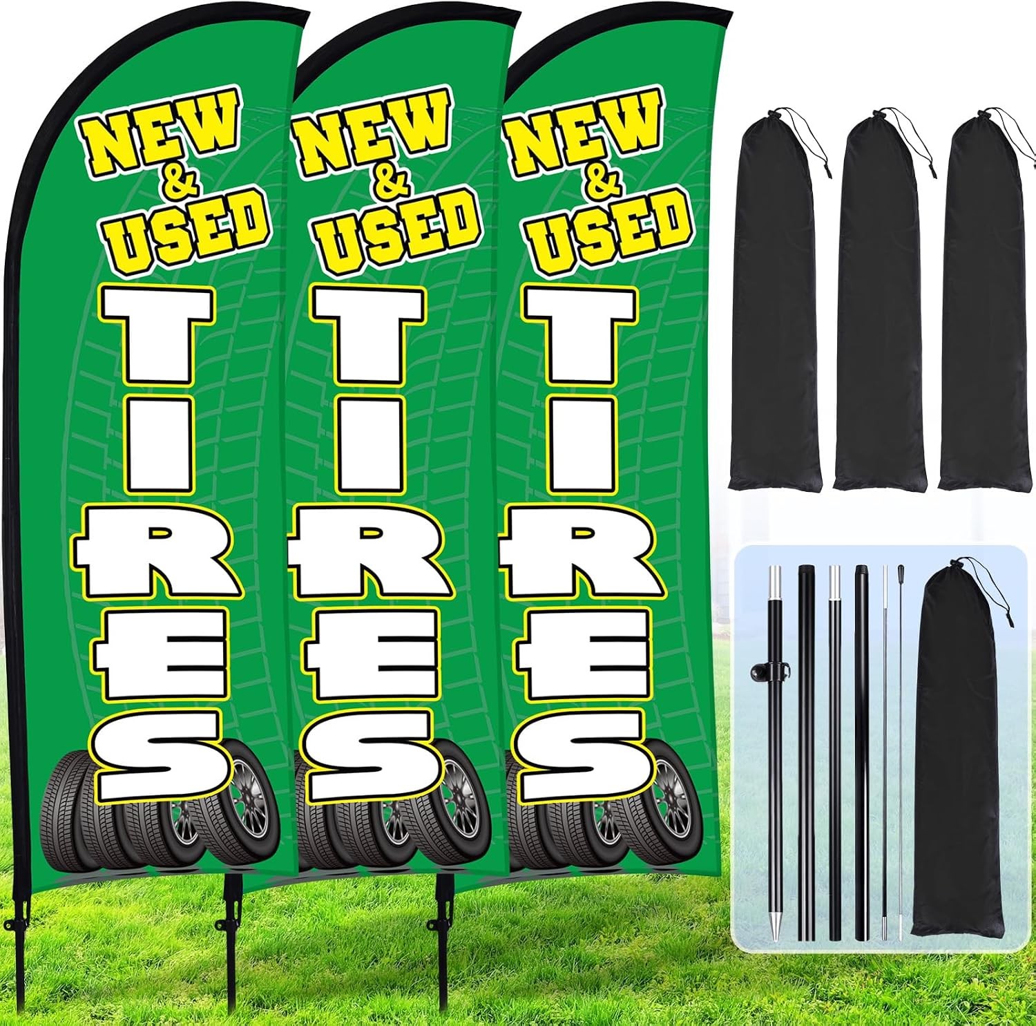 3 Sets Tires Shop Feather Flags W/ Poles 7ft New & Use Tires Flags Businesses