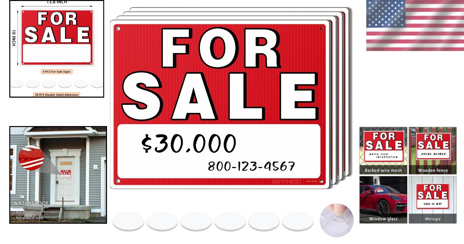 4 Pack of For Sale Signs – 14&Prime;x10&Prime;, No Residue for Easy Vehicle Selling