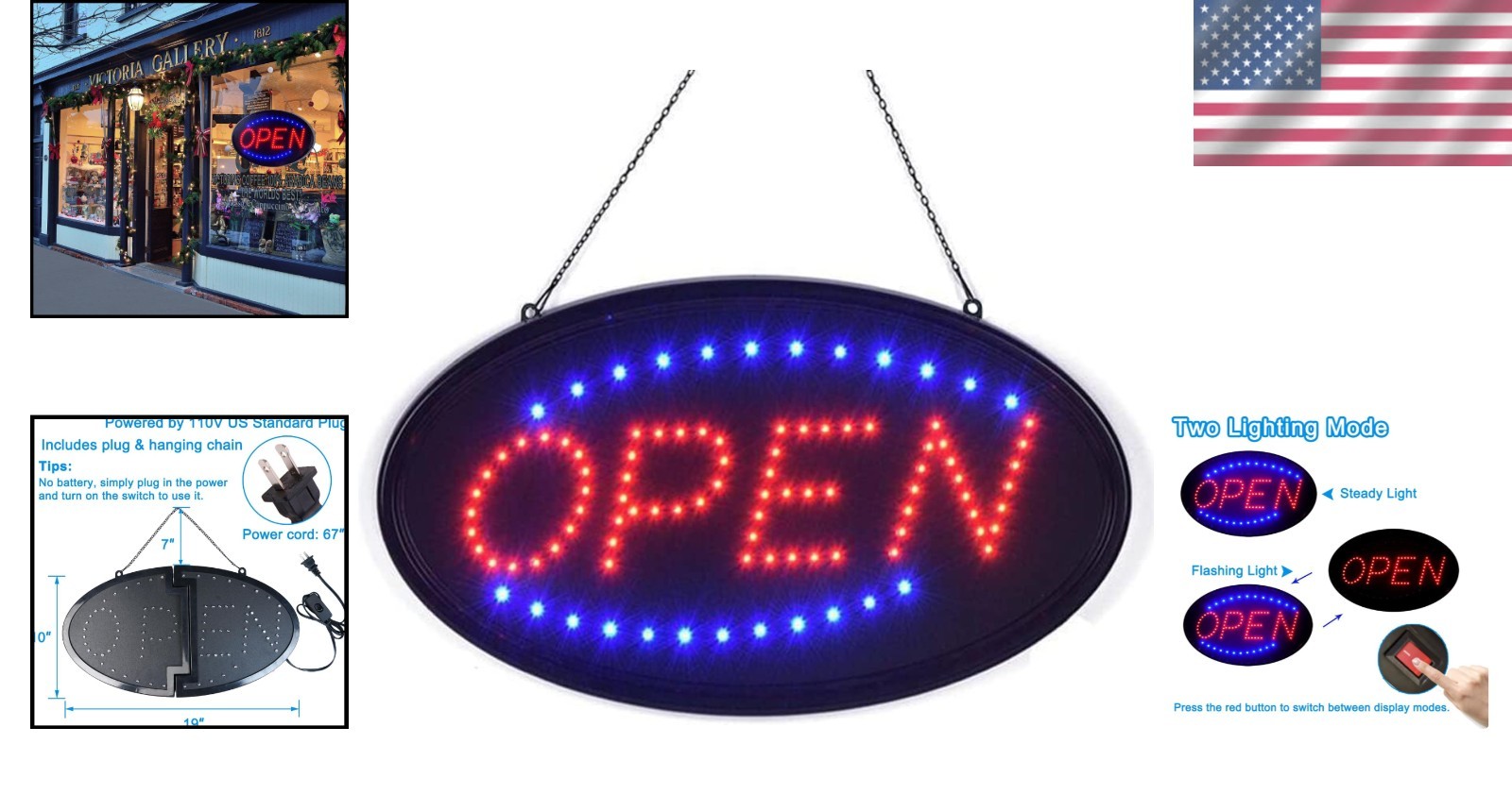 High Visibility Open Sign, 19&Prime;x10&Prime; Flashing Light