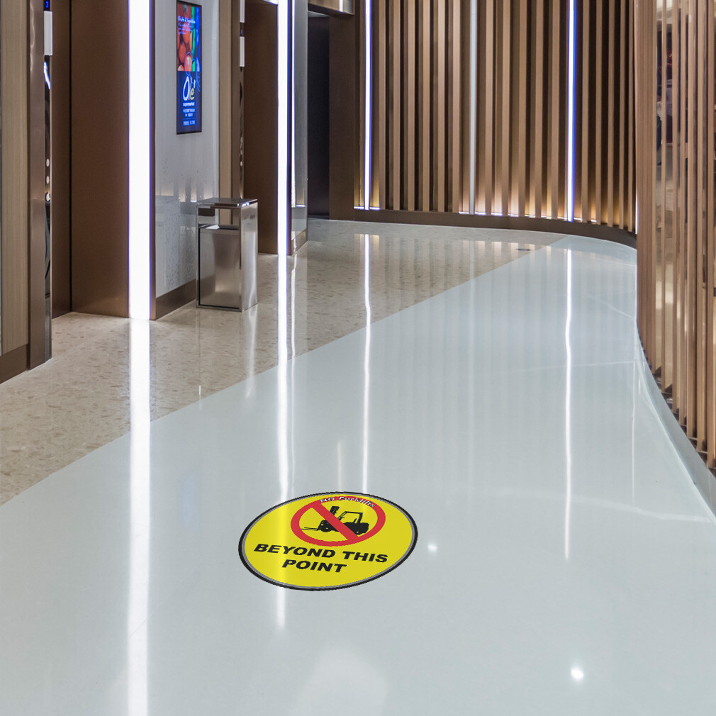 Floor Decals No Forklifts Beyond This Point Yellow Red Anti-Slip Round Shape
