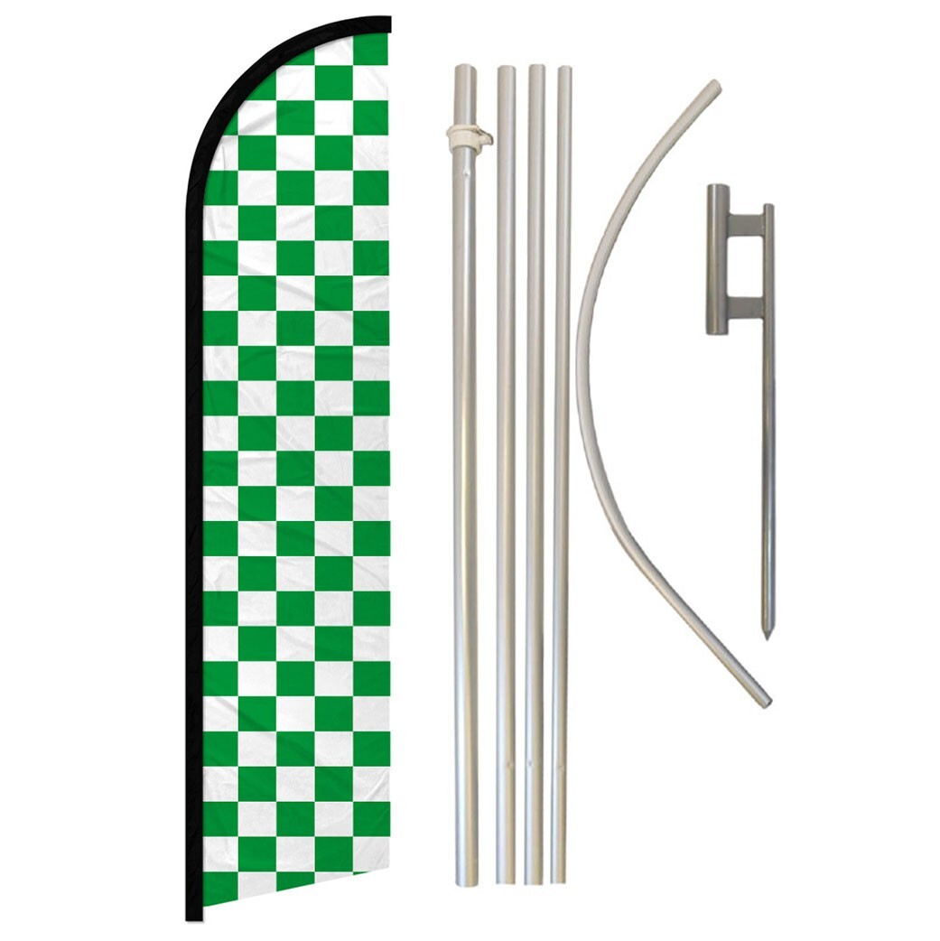 Green & White Checkered Full Curve Windless Swooper Flag Pole Kit Racing
