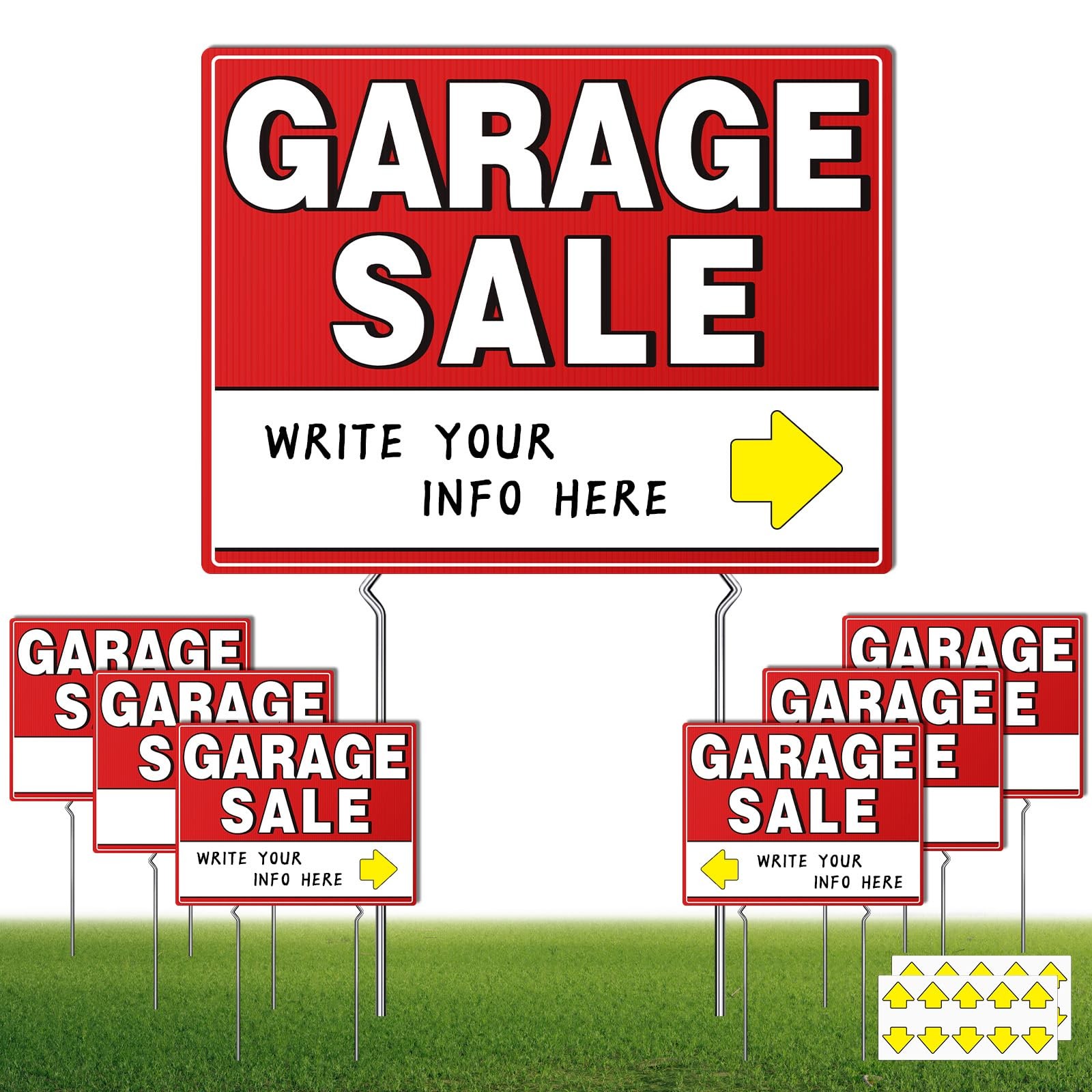 Garage Sale Sign Metal Stakes Yard Double Sided Arrow Stickers Weather Proof 7PC