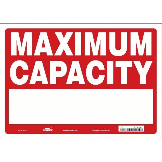Pack of 4 Maximum Capacity, Write-On Sign, 10&Prime; x 14&Prime; Plastic, Red on White