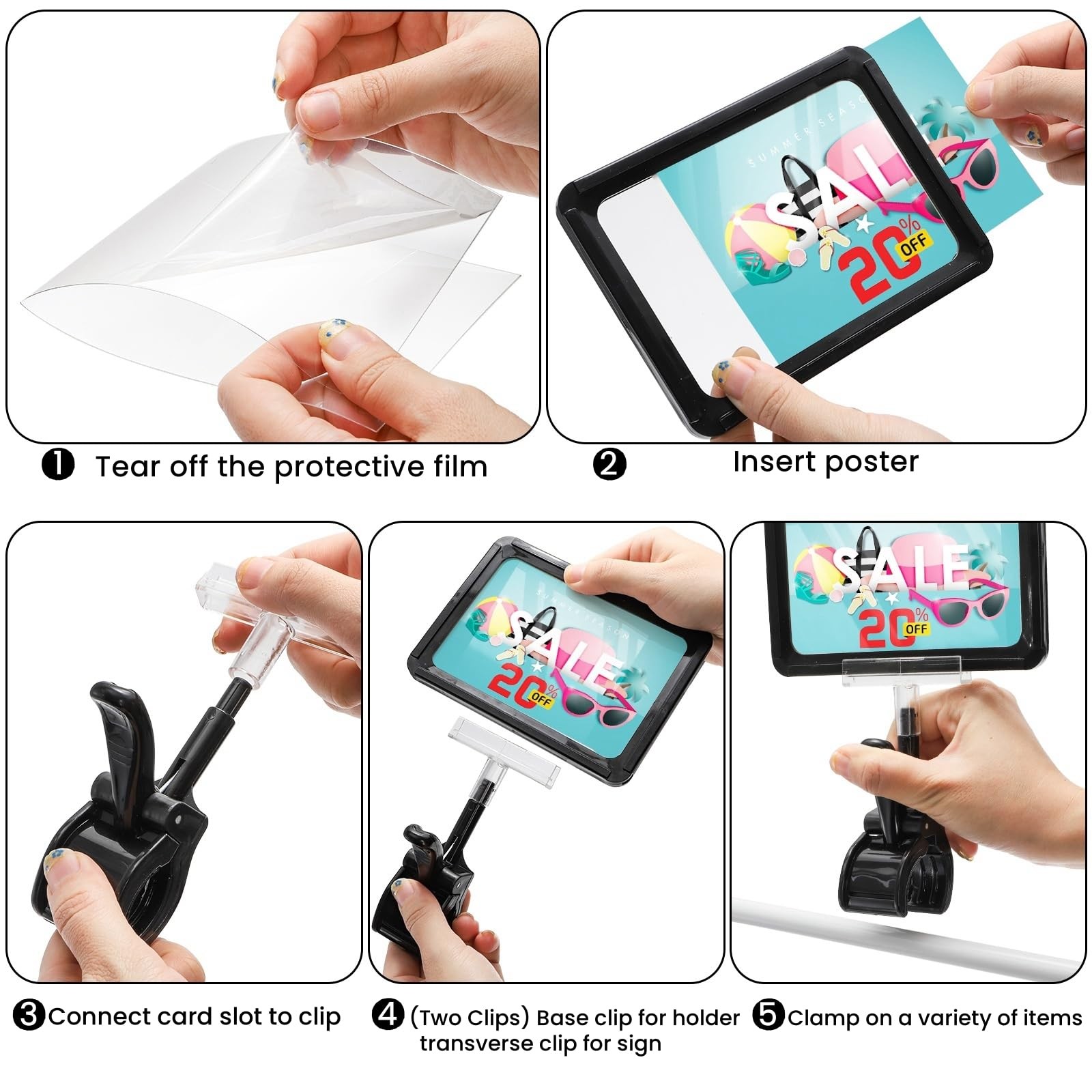 ZOOFOX 10 Pack Acrylic Sign Holder with Clamp, Rotating Clip Pop Swivel Black