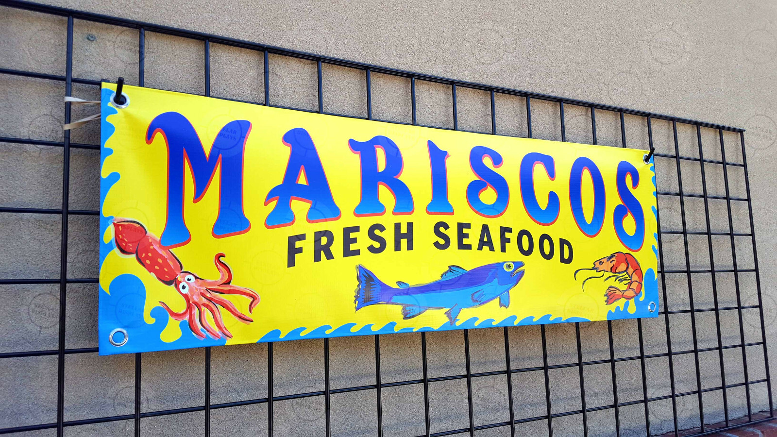 MARISCOS Fresh Seafood Banner Restaurant Open Sign Shrimp Camarones Cuisine Fish