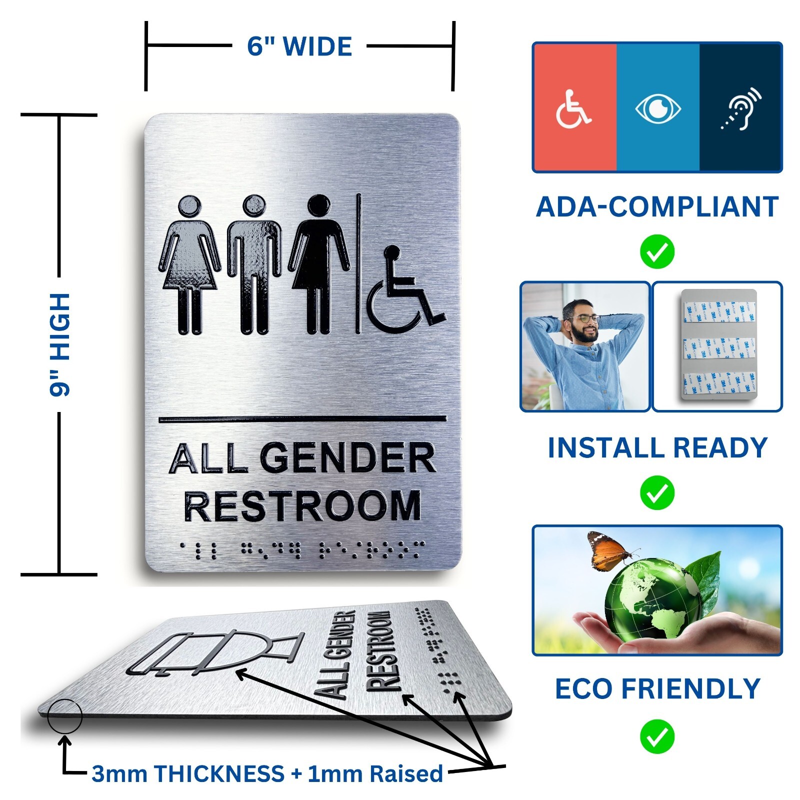 ADA Compliant, Restroom Signs, Brushed Aluminum with Braille text 6&Prime;x9&Prime;