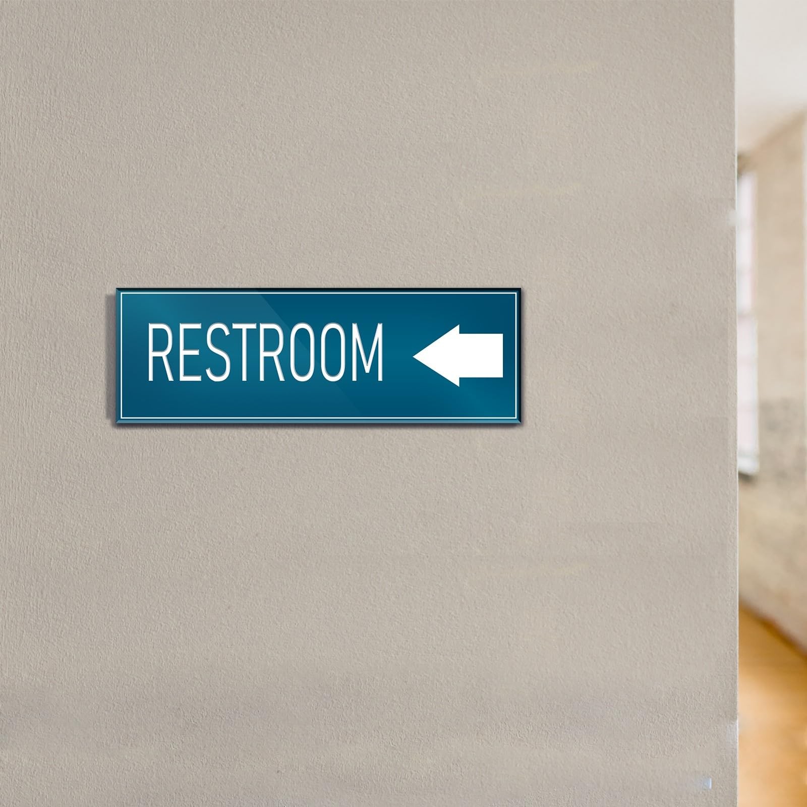 9×3 Inch Restroom Left Arrow Directional Sign SelfAdhesive Blue Signage
