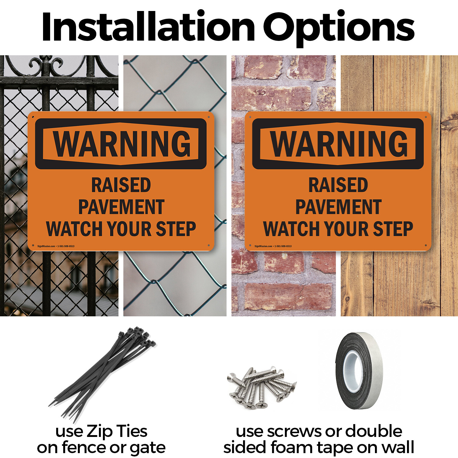 (2 Pack) Raised Pavement Watch Your Step OSHA Warning Sign Decal Metal Plastic