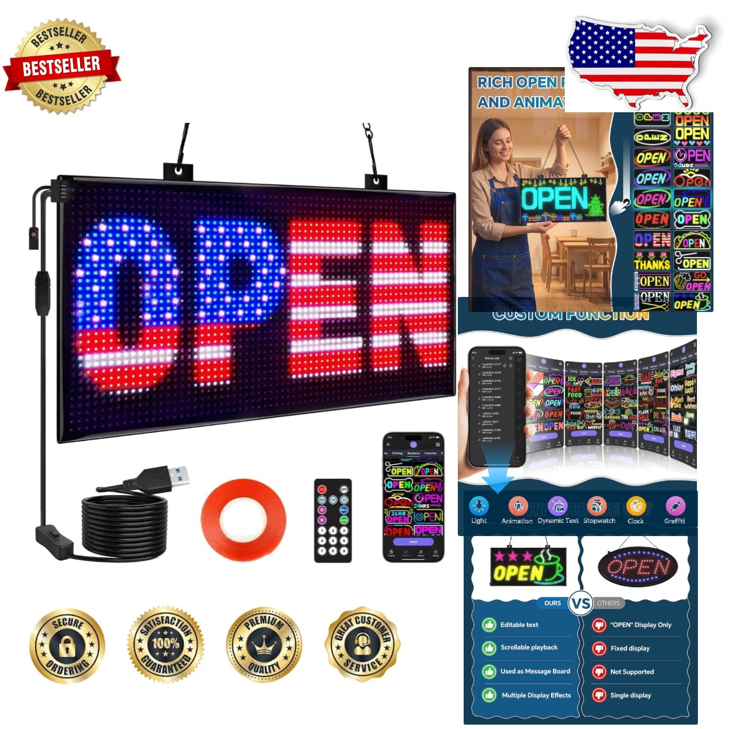 Huge 20&Prime;x12&Prime; LED Open Sign – Multicolor Programmable Scrolling Display w/ Remote