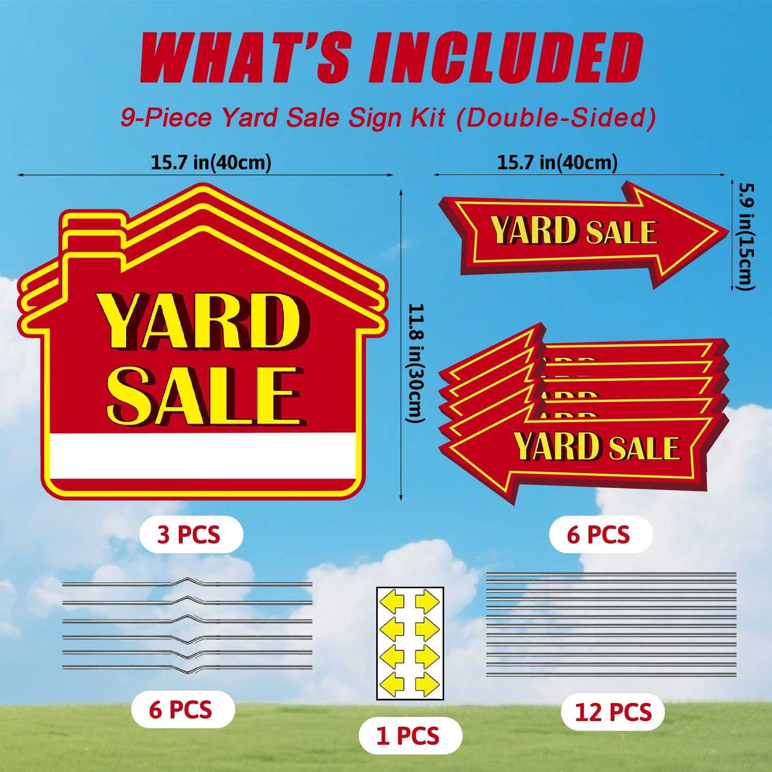 Yard Sale Signs with Stakes, 9-Piece Double-Sided Garage Sale Sign Kit with Dire