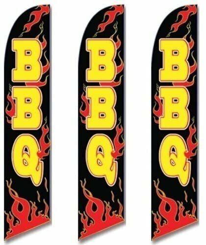 Three (3) Pack Full Sleeve Swooper Flags BBQ Black w Yellow Text & Red Flames