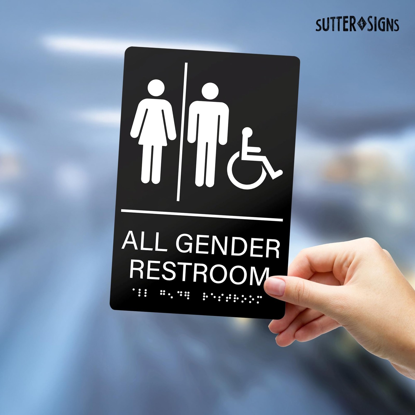 All Gender Restroom Sign 6×9 Inch Braille Gender Neutral Accessible Black/White