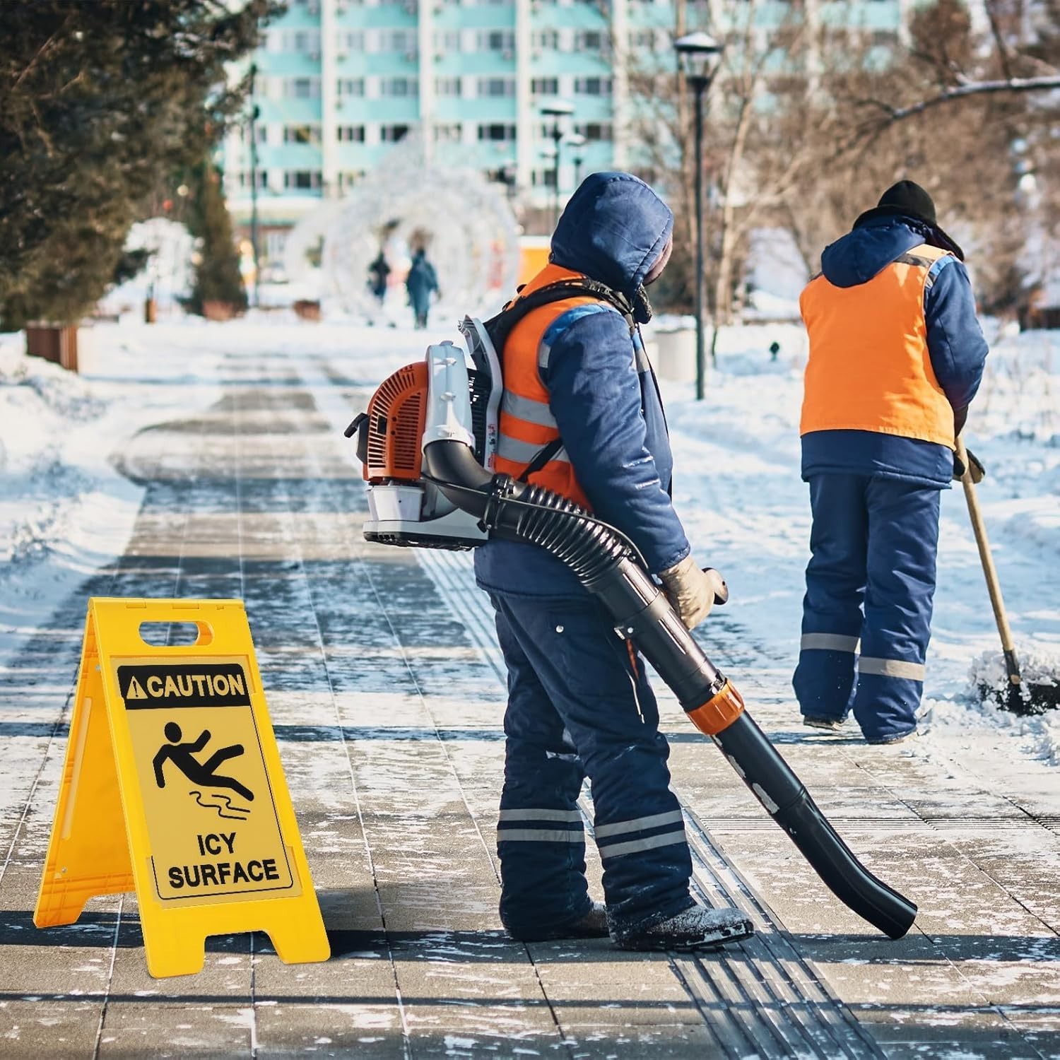 2 Pieces 24.5 x 12.6 Inch &lsquo;Caution – Icy Surface&rsquo; 2 Sided Folding Floor Sign …