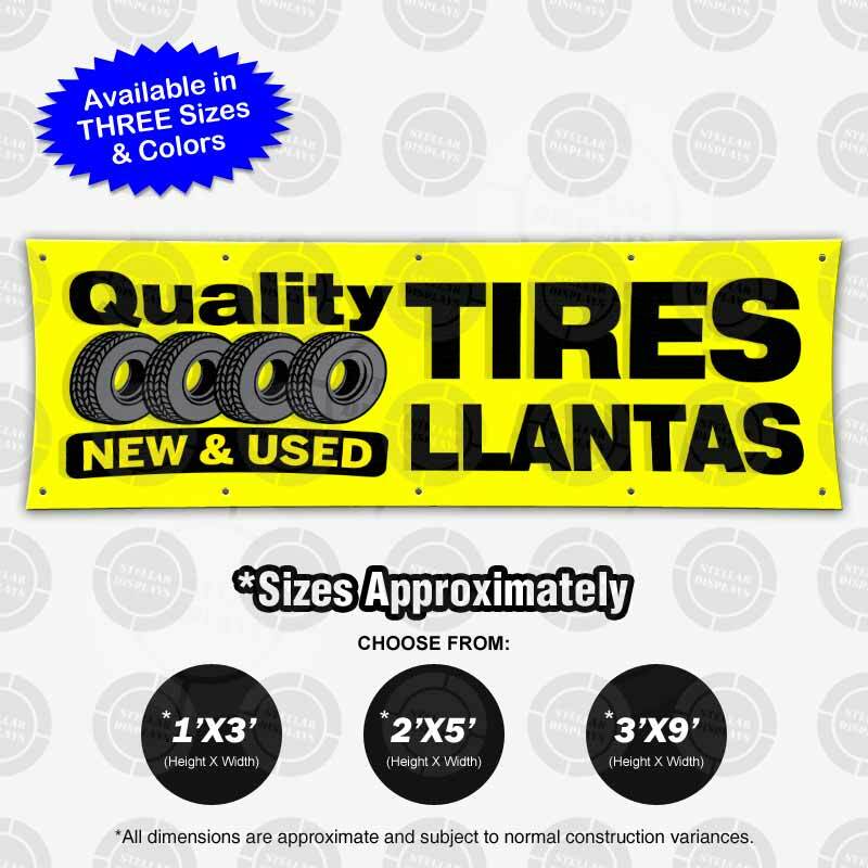 Quality New & Used Tires Llantas Banner Sign Wheel Shop Display Spanish Poster