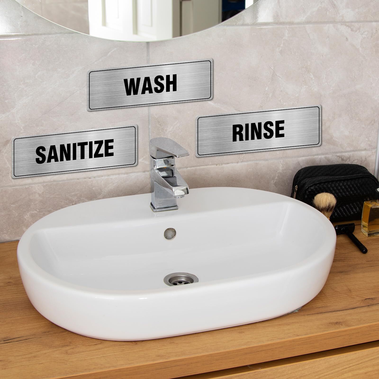 Wash Rinse Sanitize Sign Aluminum Silver 9 x 3 Inches Self-Adhesive Waterproo…