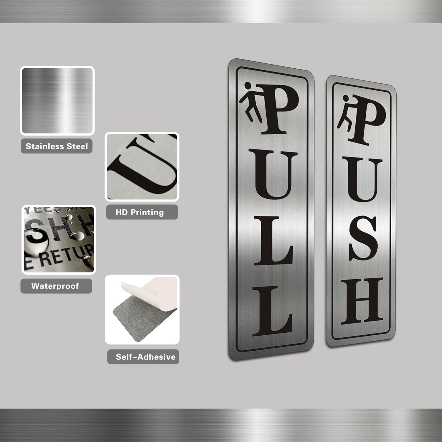 Metal Stainless Steel Push Pull Signs for Door,With Self Adhesive,5.5X1.7In (Cla