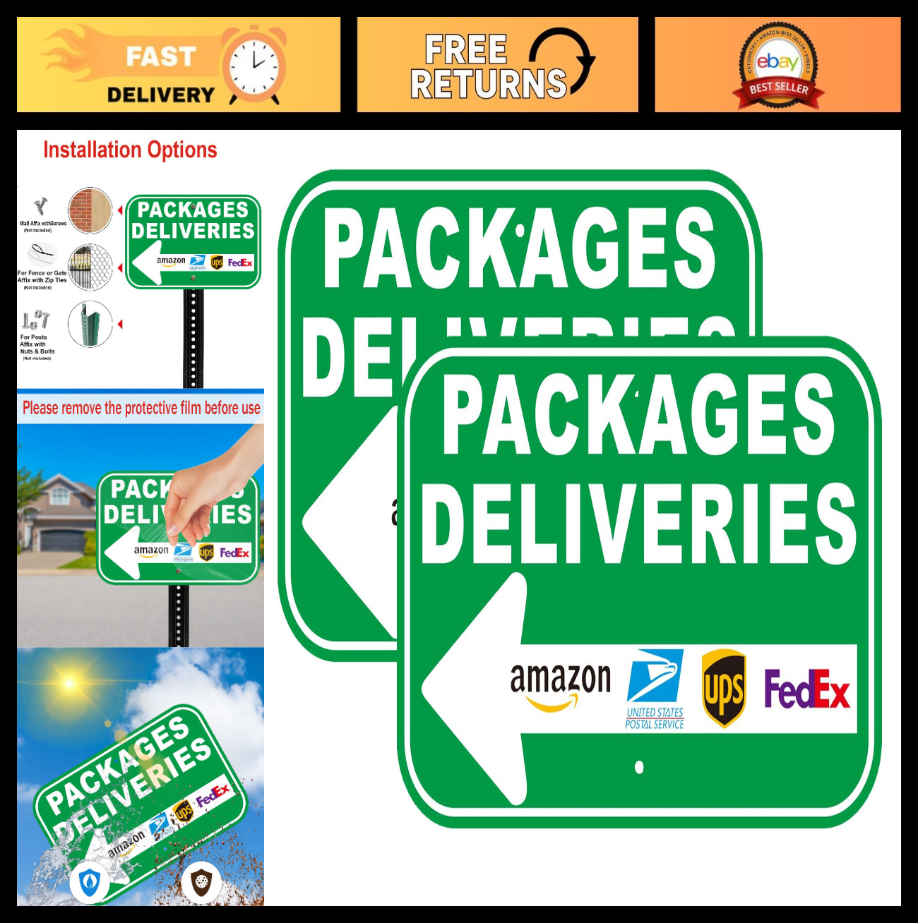 Aluminum Packages Deliveries Sign 12×8 Inch Green Arrow – 2 Pack for USPS UPS Fe