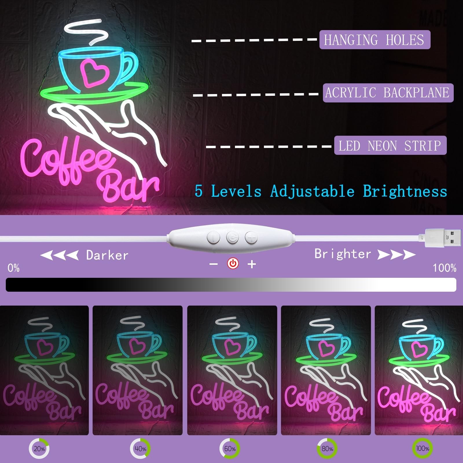Coffee Bar Neon Sign for Wall Decor, Cafe Neon Light with USB Dimmable LED Ne…