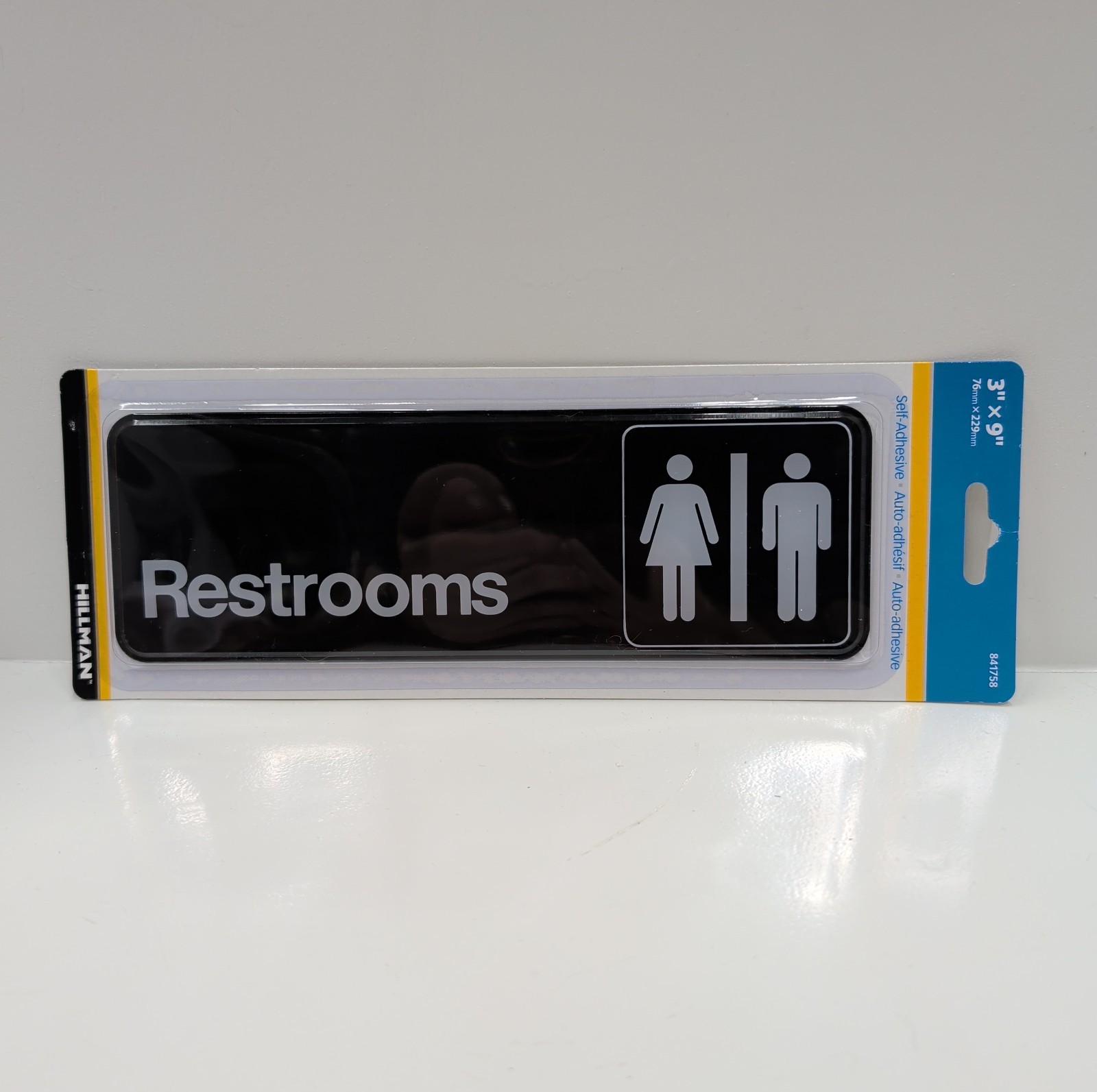 Hillman 841758 Restrooms Sign 3×9 Black White Adhesive Door Wall Office New Seal