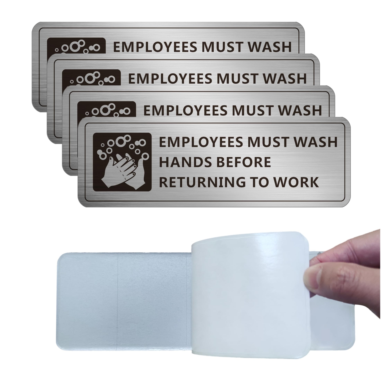 (4 Pack) Employees Must Wash Hands Sign Self-Adhesive Metal Signage for Bath