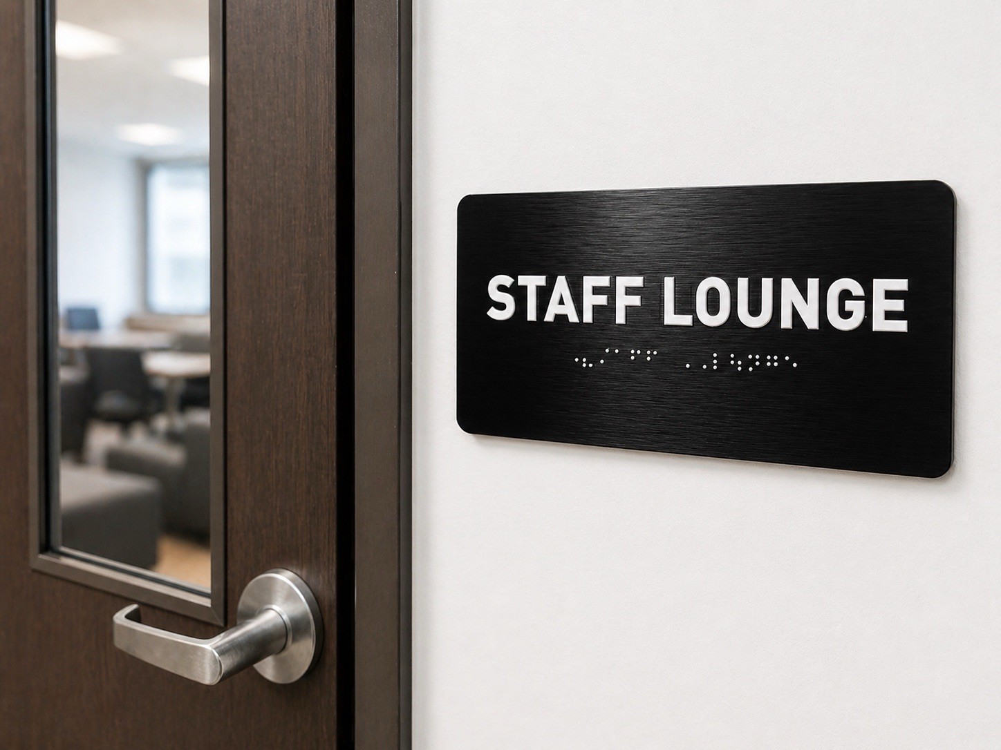 ADA Staff Lounge Sign 7×4 Braille Tactile Door Sign Black Brushed Aluminum