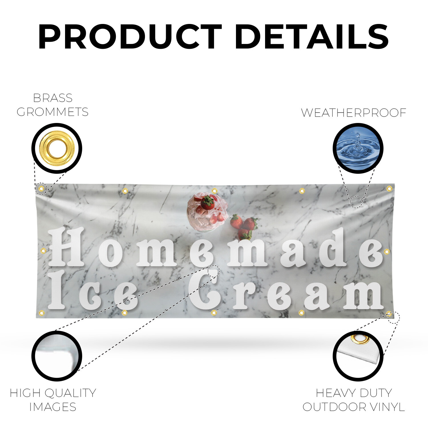 Homemade Ice Cream Vinyl Banner Sign with Metal Grommets Heavy-Duty