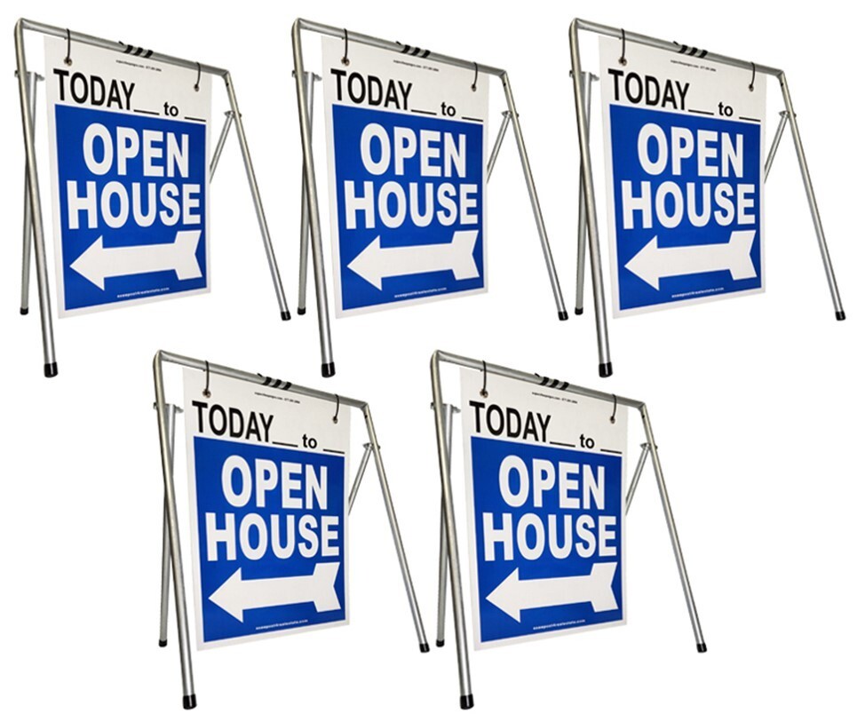 Real Estate Open House Sign Kit Metal A-Frame 5-Pack Blue Swinger w/ Today Times