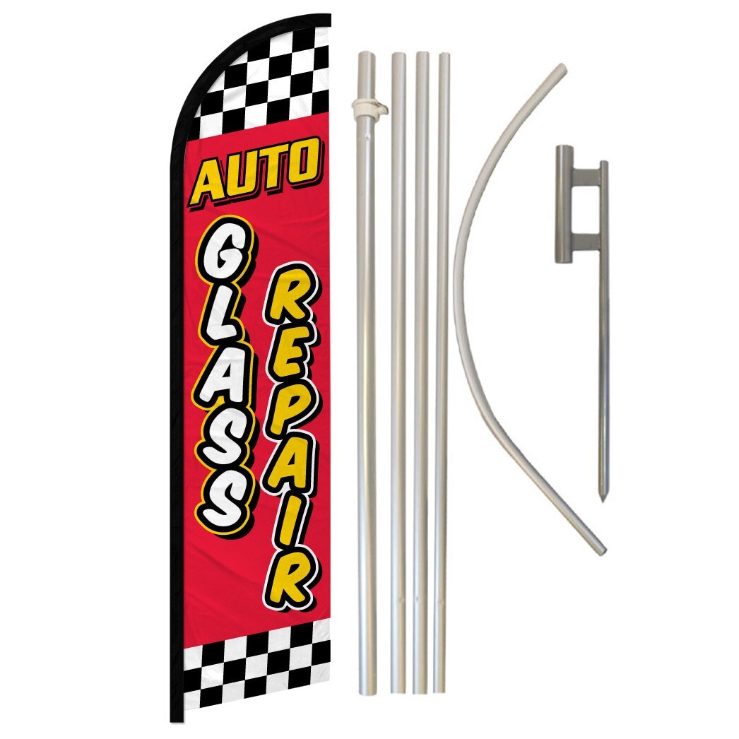 Auto Glass Repair Windless Banner Swooper Advertising Flag Pole Kit Mechanic Red