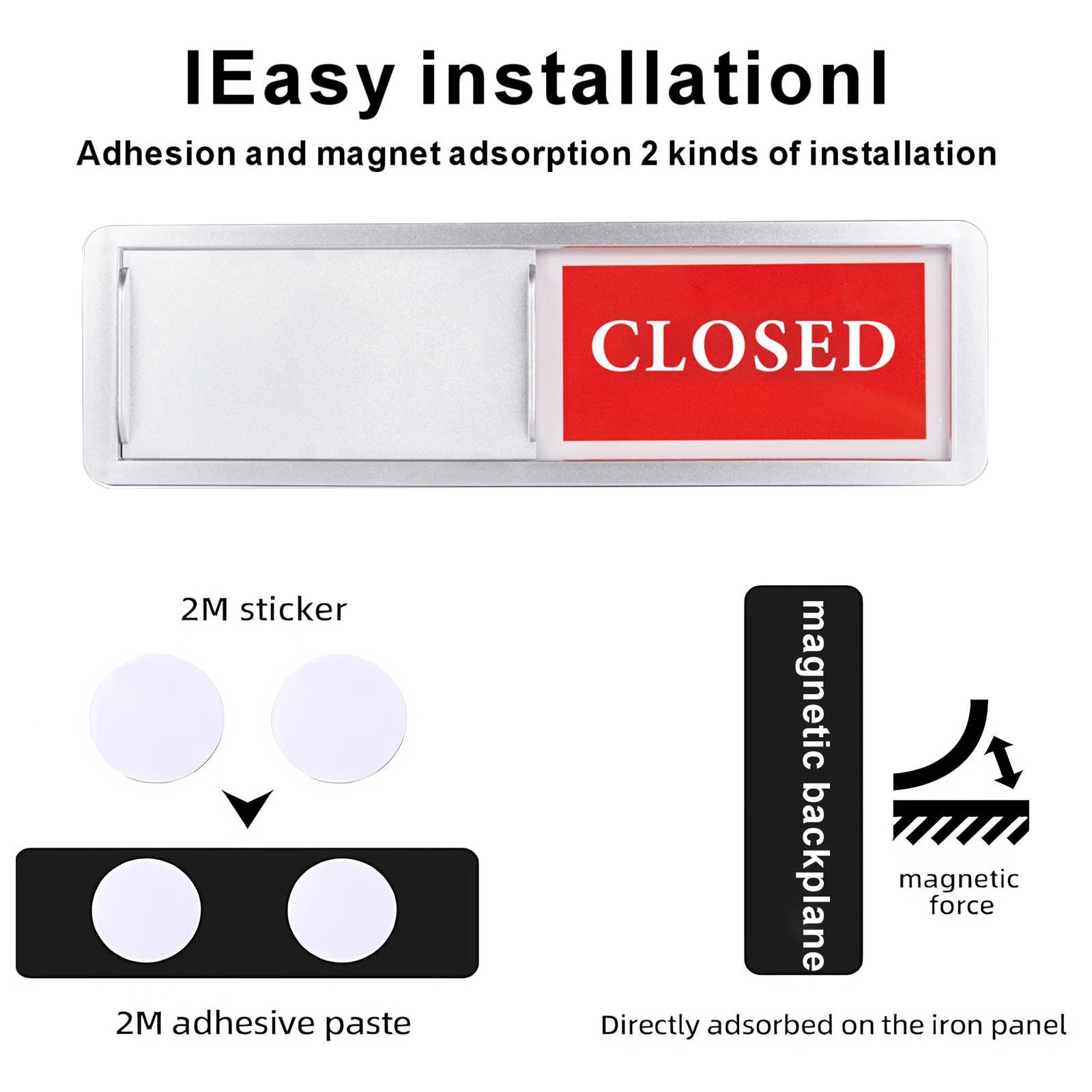 Open Closed Sliding Door Sign for Business, 7 x 2 inches, Silver
