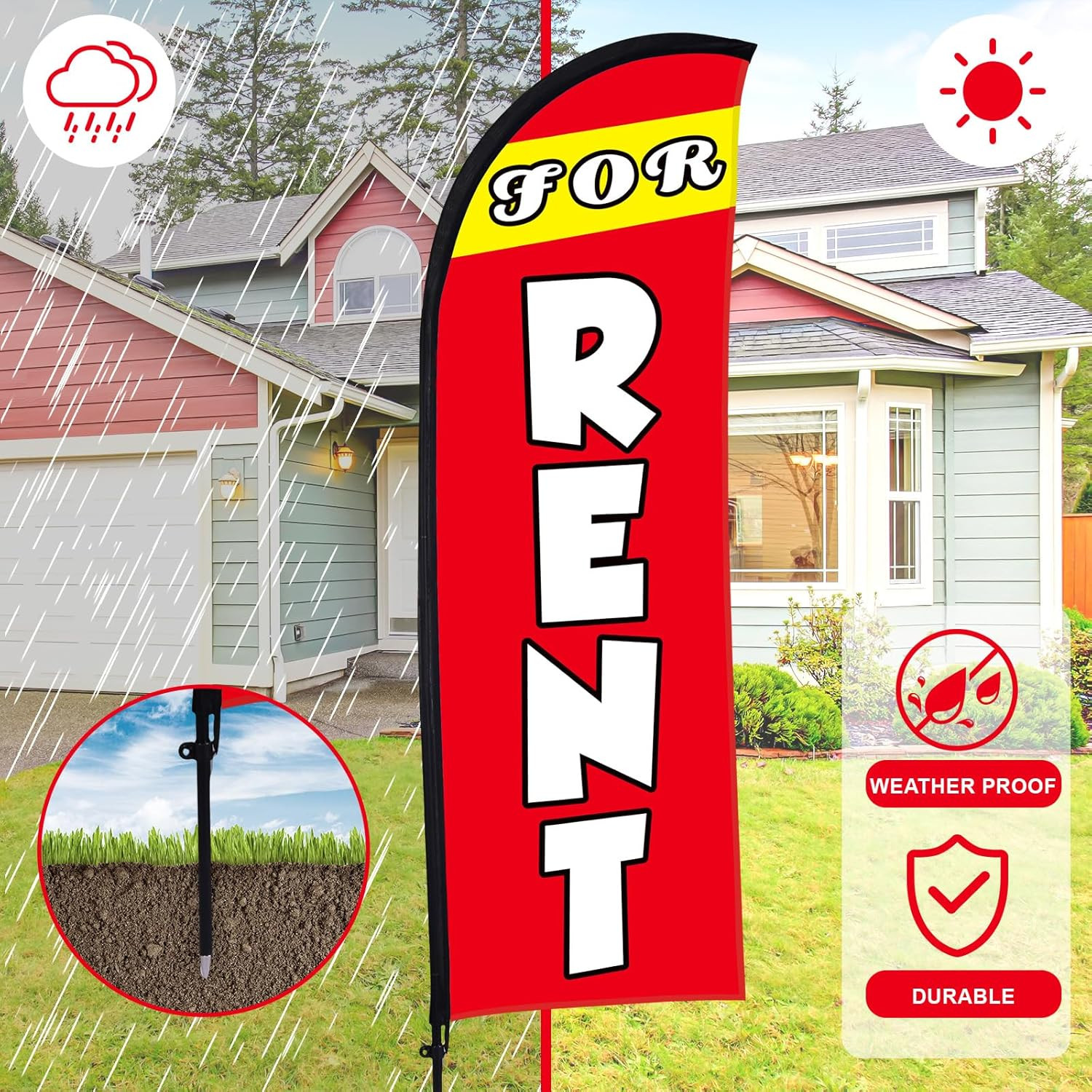 7 Ft Feather Flag Kit – « Now Renting Open » with Pole & Ground Stake (Red)