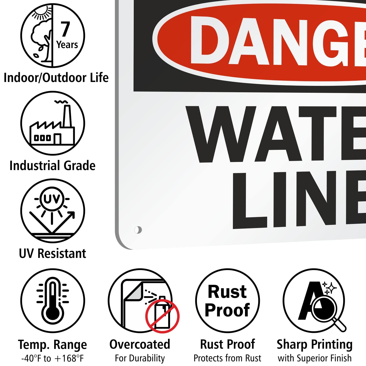 Danger Water Line Sign 7×10 Inch Aluminum Utility Warning Plaque