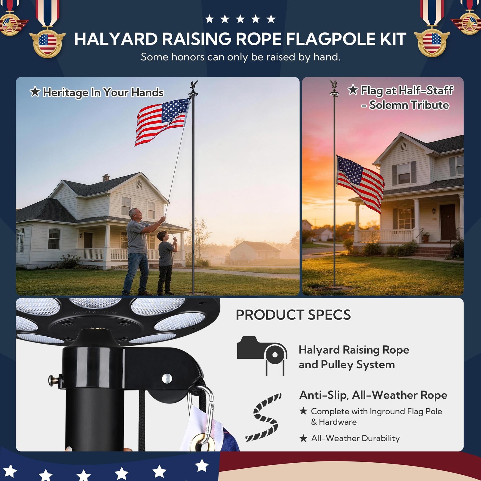 Yescom 30&prime; Sectional Aluminum Flag Pole Kit w/ Solar Light US Flag Eagle Topper