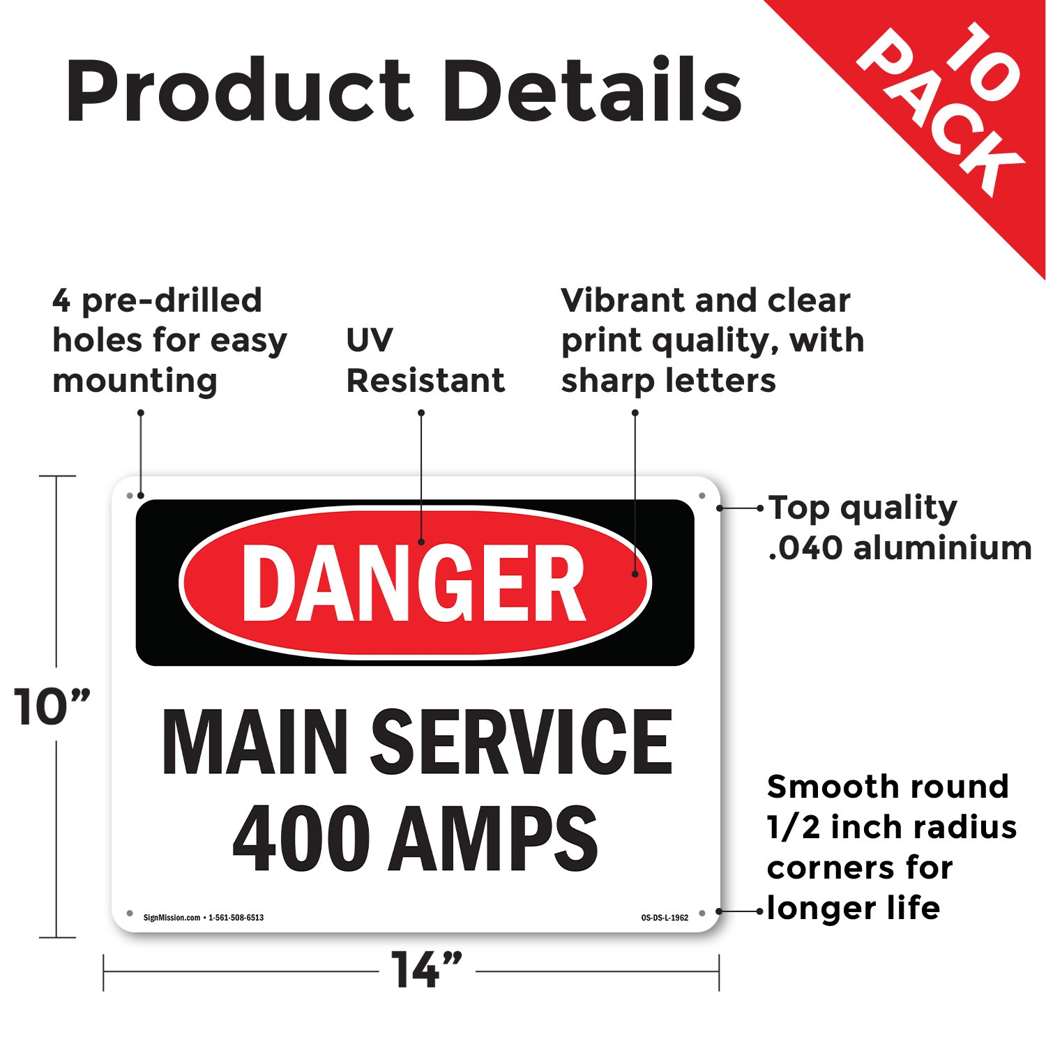Main Service 400 Amps OSHA Danger Sign Metal, Plastic, Or Decal – 5 or 10 Pack