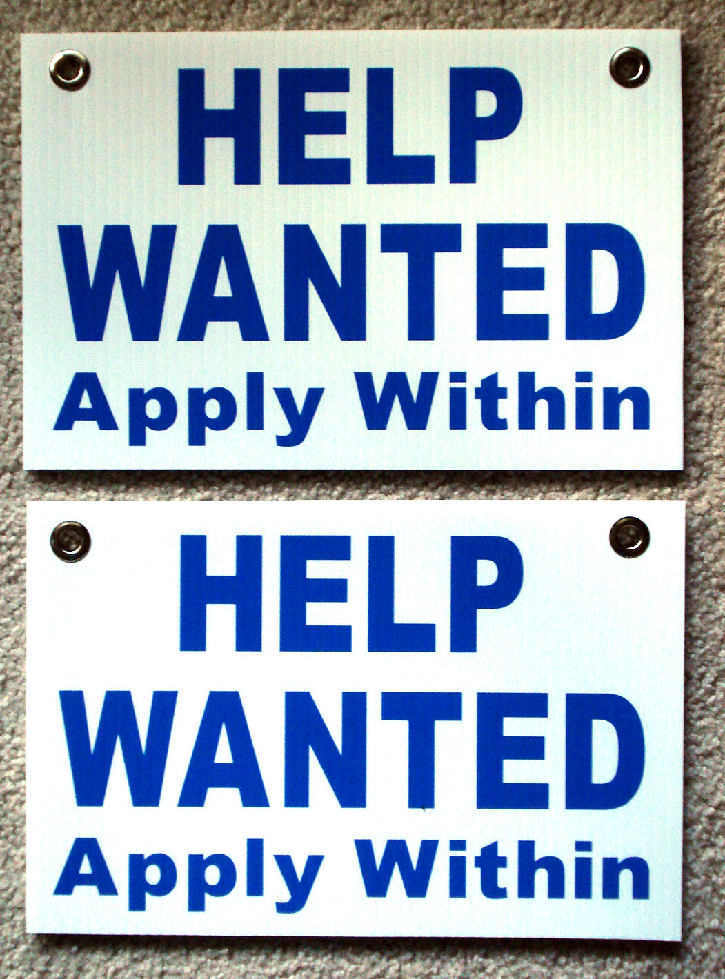 (2) HELP WANTED Apply Within Plastic Coroplast SIGNS 8×12 with Grommets white