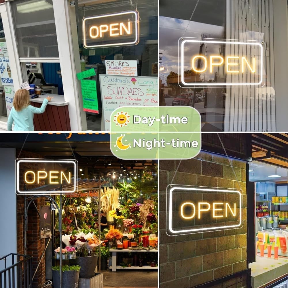 High-Quality Neon Open Sign 16&Prime; Landscape Yellow White Business Display