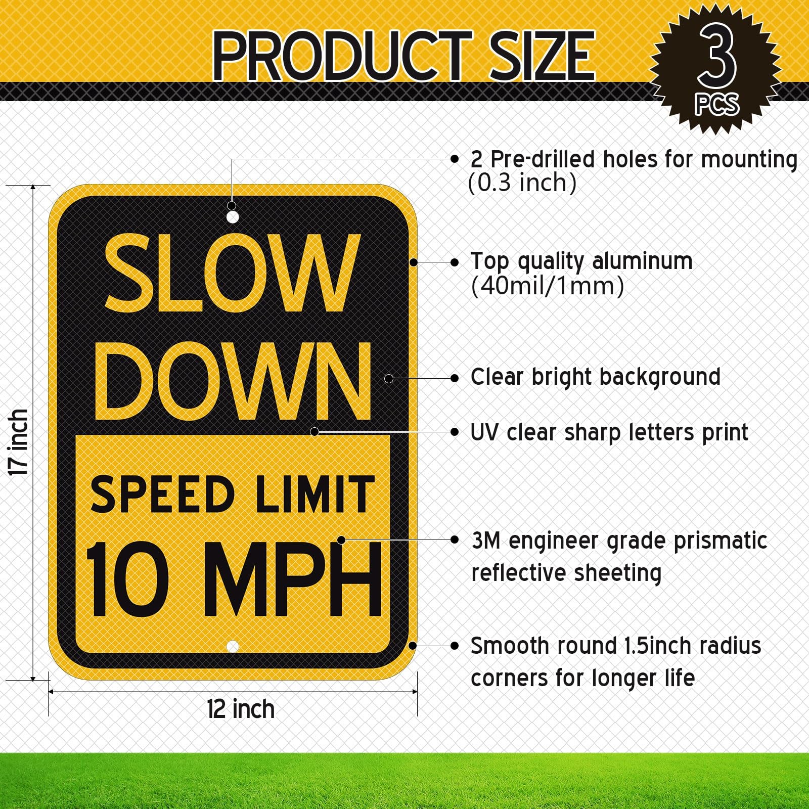 3 Pack 17×12 Inch Slow Down Sign Speed Limit 10 MPH Traffic Sign for Driveway