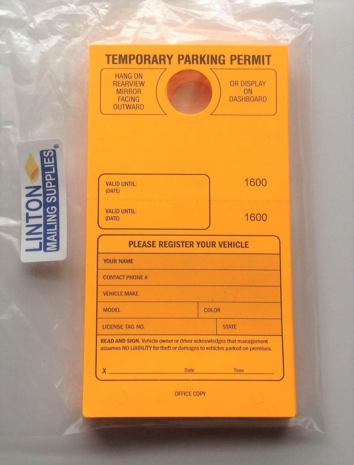 Temporary Parking Permit,7-3/4&Prime; x 4-1/4&Prime;, Bright Fluorescent Orange – Pack of 50