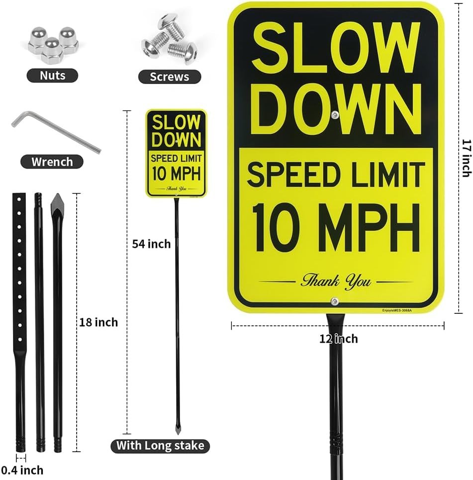 Large Slow Down Speed Limit 10 MPH Sign 54 Metal Stake 17 x 12 Aluminum