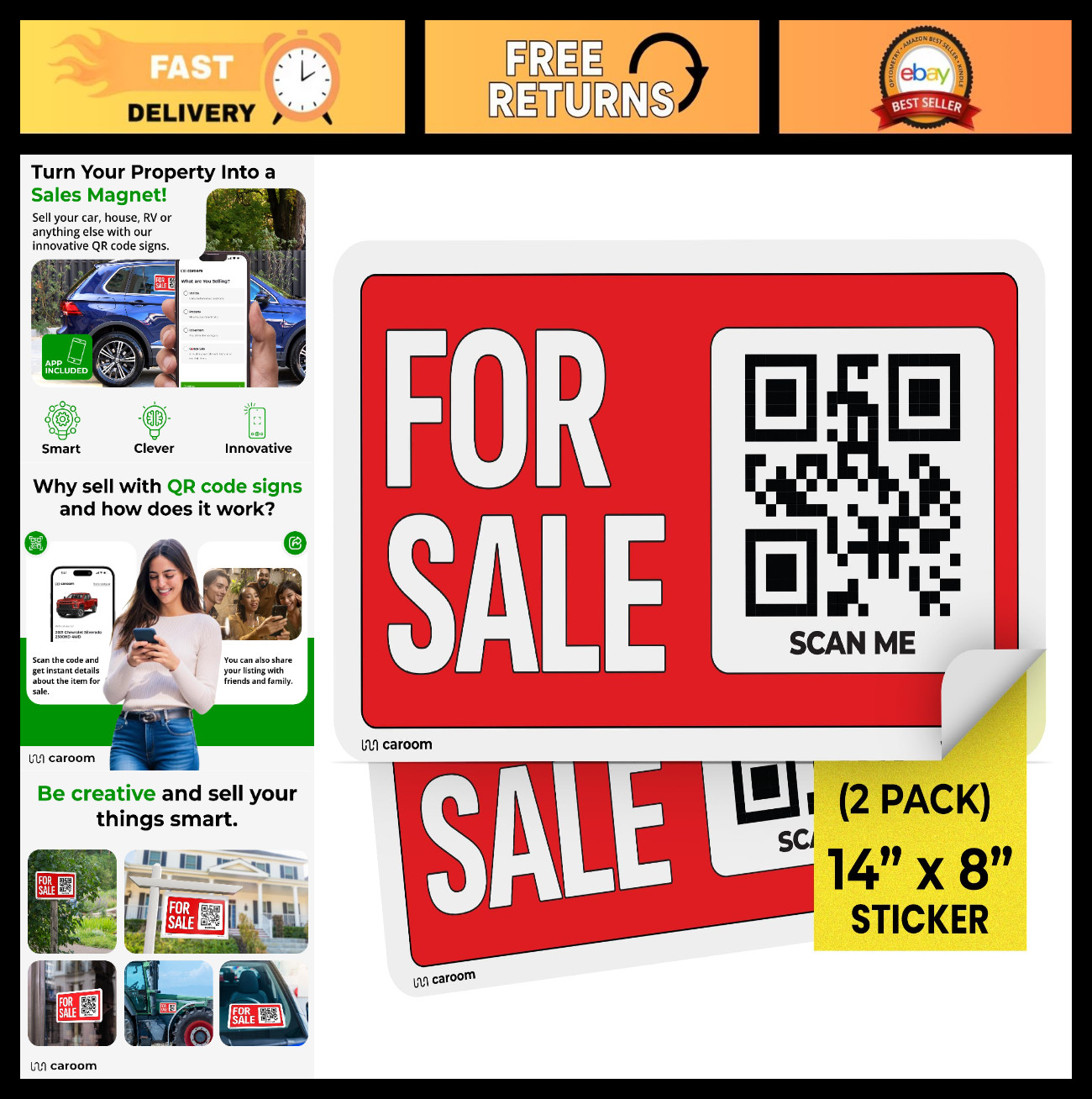 14 » x 8 » Self-Adhesive Sale Signs – 2-Pack for Real Estate, Business & Vehicle