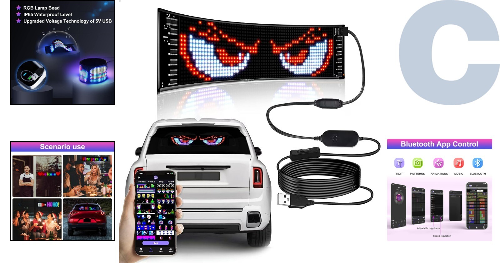 Programmable Bluetooth LED Car Sign – Customizable & Waterproof – 15&Prime; x 4&Prime;