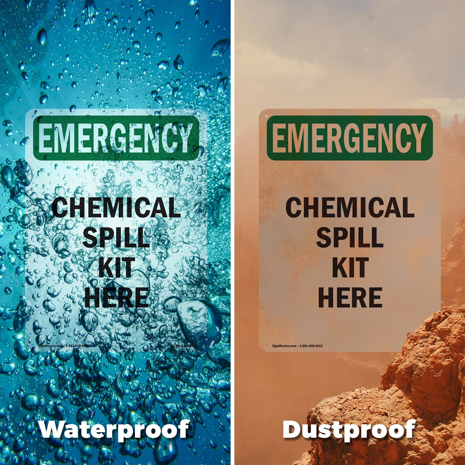 Chemical Spill Kit Here OSHA Emergency Sign Metal, Plastic, Decal 5 or 10 Pack