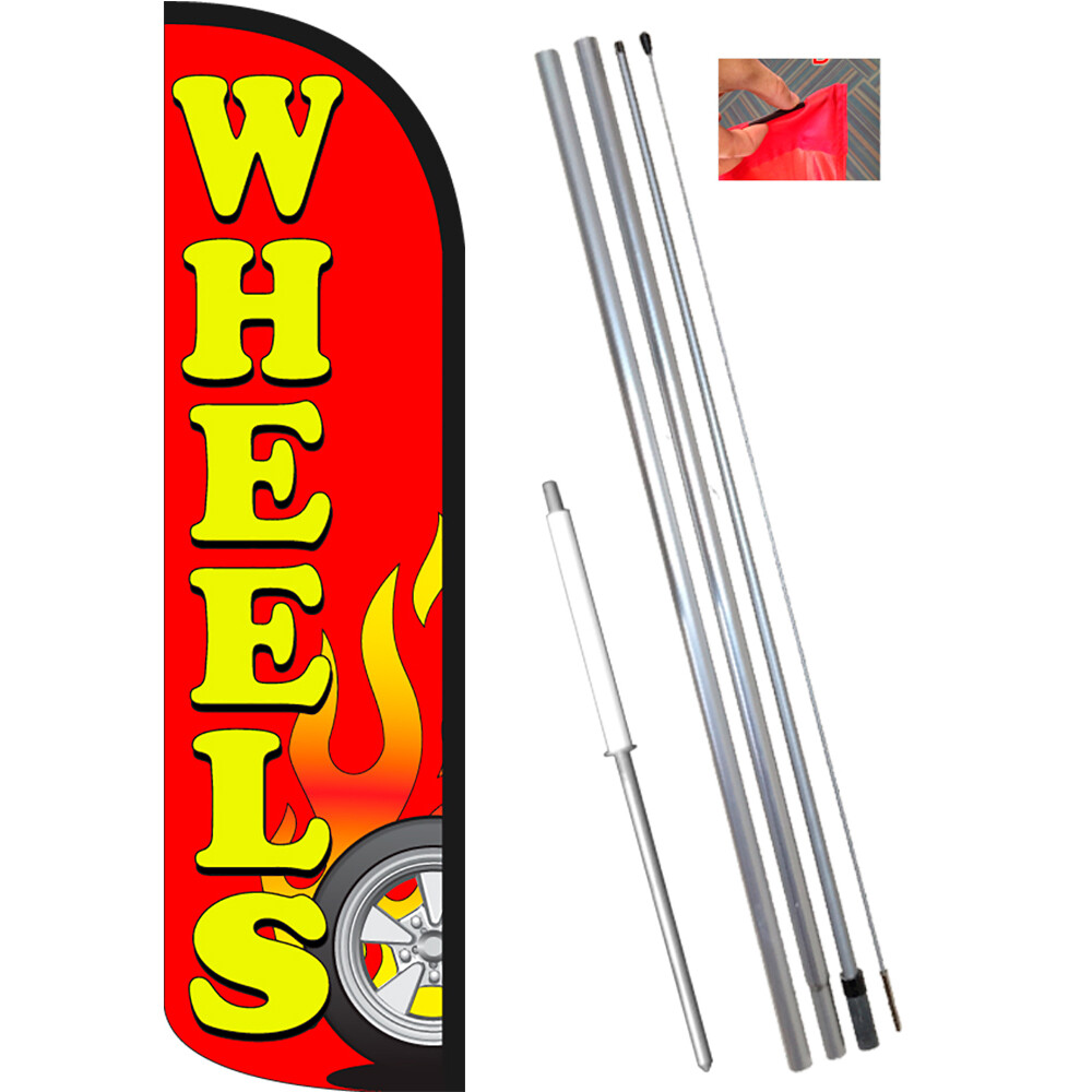 Wheels (Red) Windless Feather Flag Bundle (Complete Kit) OR Optional Replacement